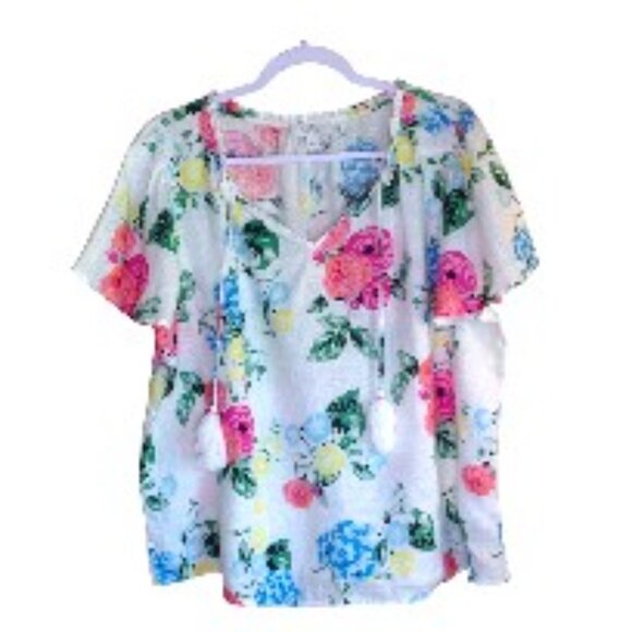 Charter Club Luxury Linen Tops - Charter Club Linen Luxury Summer Top Short Sleeve Floral XL